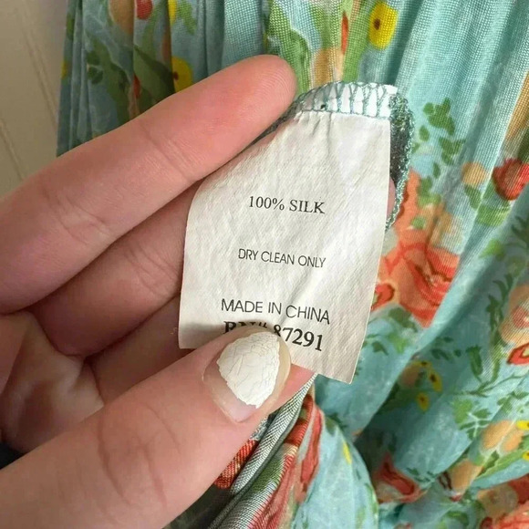 Johnny Was, Yellowfield 8 Maxi Sundress Medium 100% Silk Teal Orange Floral - Picture 5 of 10